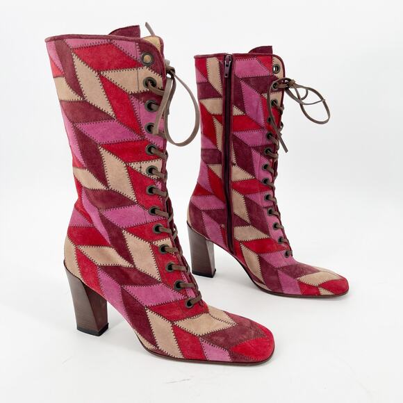 Rare Vintage Miu Miu Multicolor Patchwork Mid-Calf Square Toe Retro Boot IT 40 - Picture 1 of 13